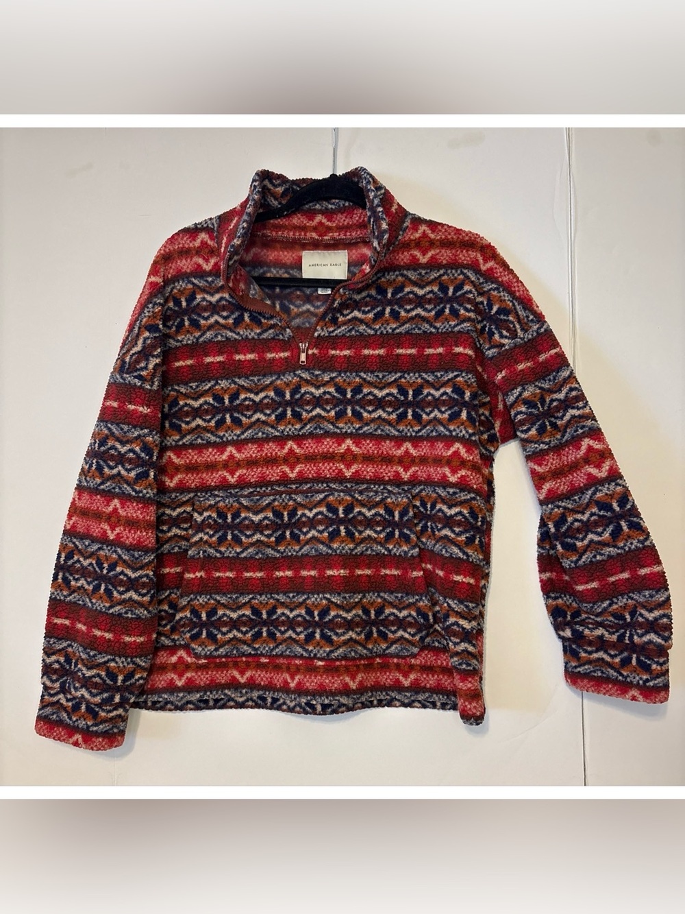 American Eagle Outfitters Red and Navy Patterned Quarter-Zip Sweater